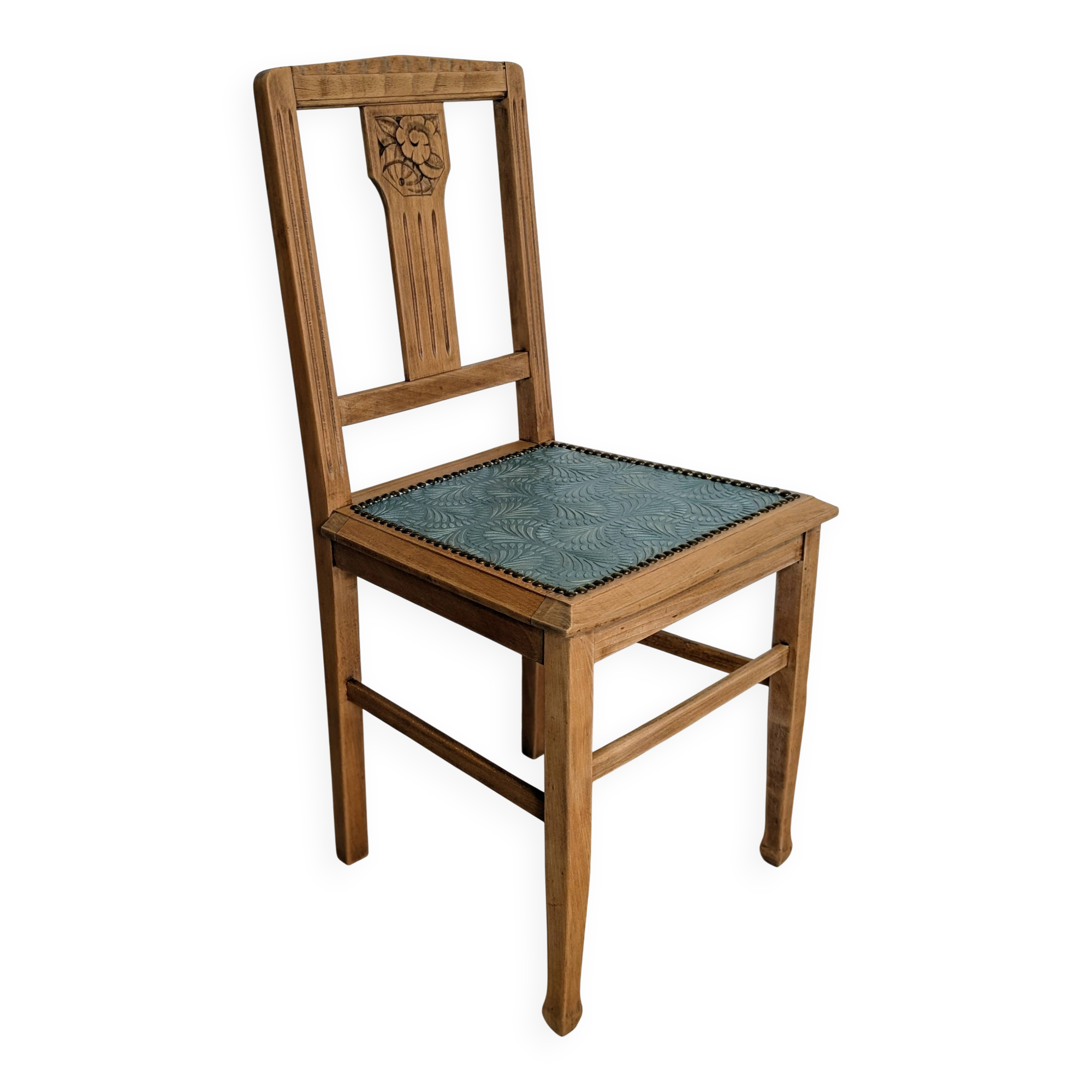 Revisited antique chair in solid wood with a sage green seat.