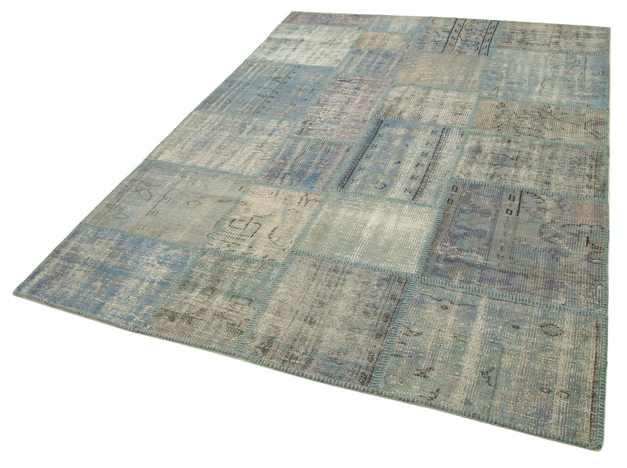 Hand-knotted turkish vintage 175 cm x 244 cm blue patchwork carpet