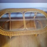 Vintage wicker coffee table and transparent glass tray