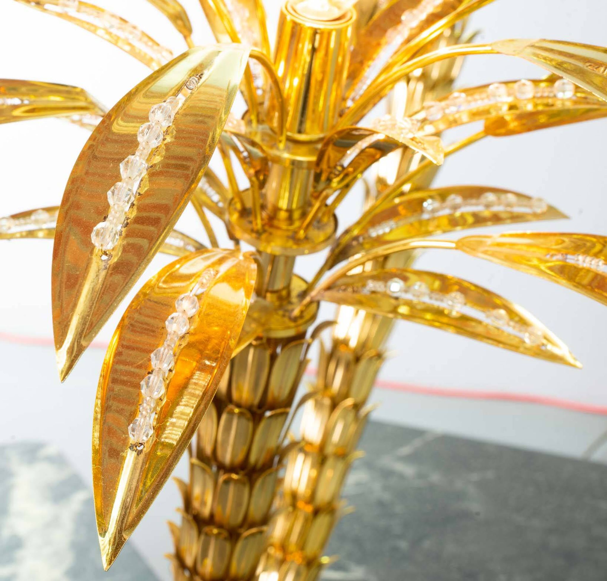 Exquisite Italian Golden Palm Tree Floor Lamp with 3 Sparkling Branches 70s