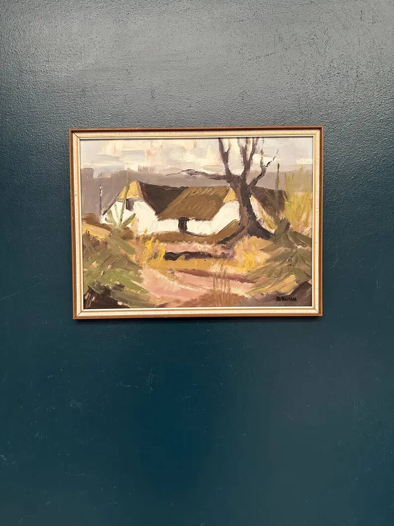 Original Swedish Oil on Canvas – "Farm" by Jörgen Bruun – Signed – Vintage and Framed – 41 × 31 cm (16.1" × 12.2")