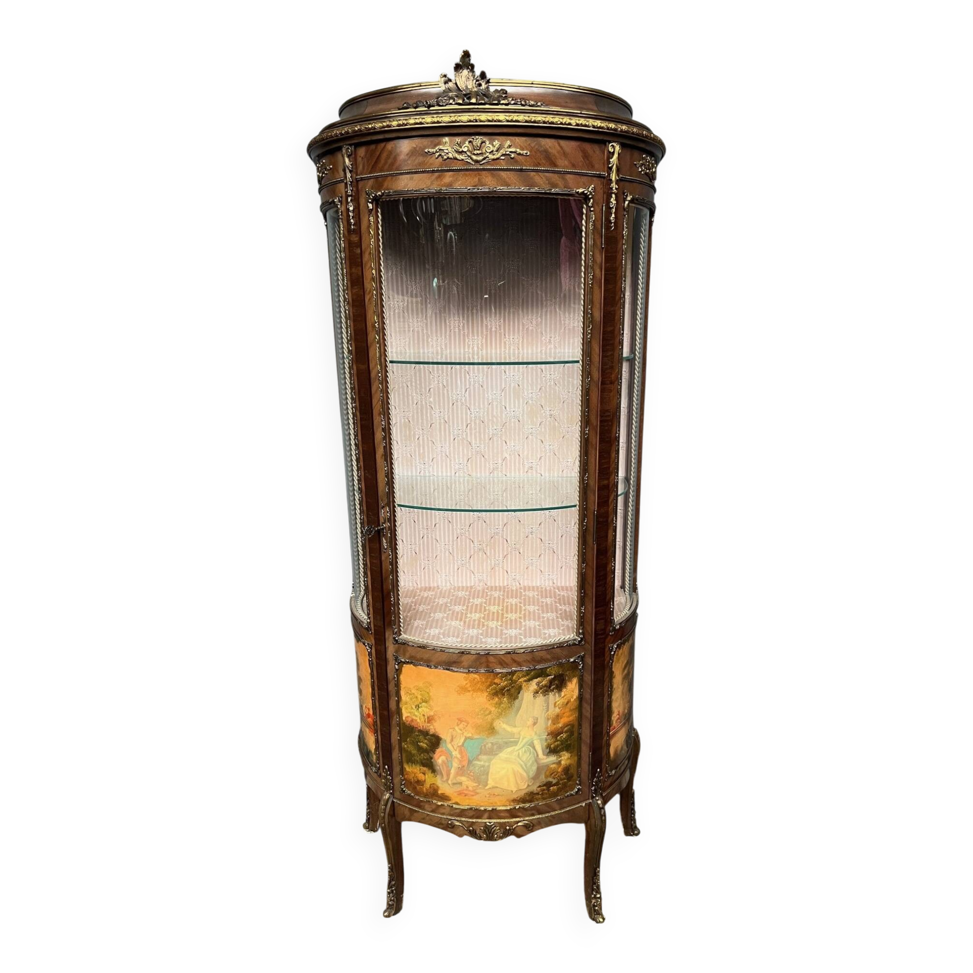 Vitrine de style Martin. Peinte à la main, placage en palissandre, décoration en bronze.