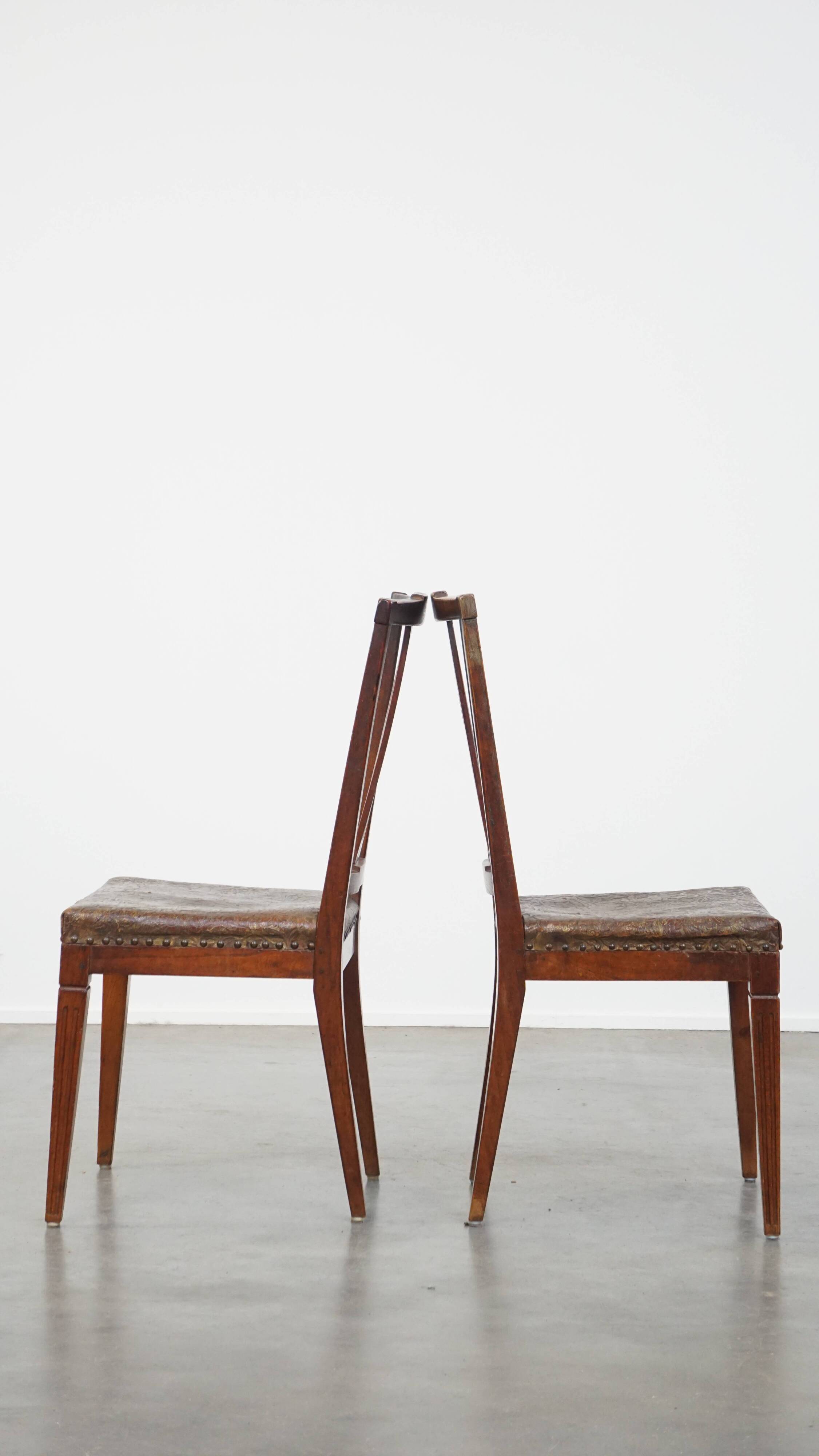 Ensemble de 6 chaises de salle à manger en cuir antiques d'origine néerlandaise