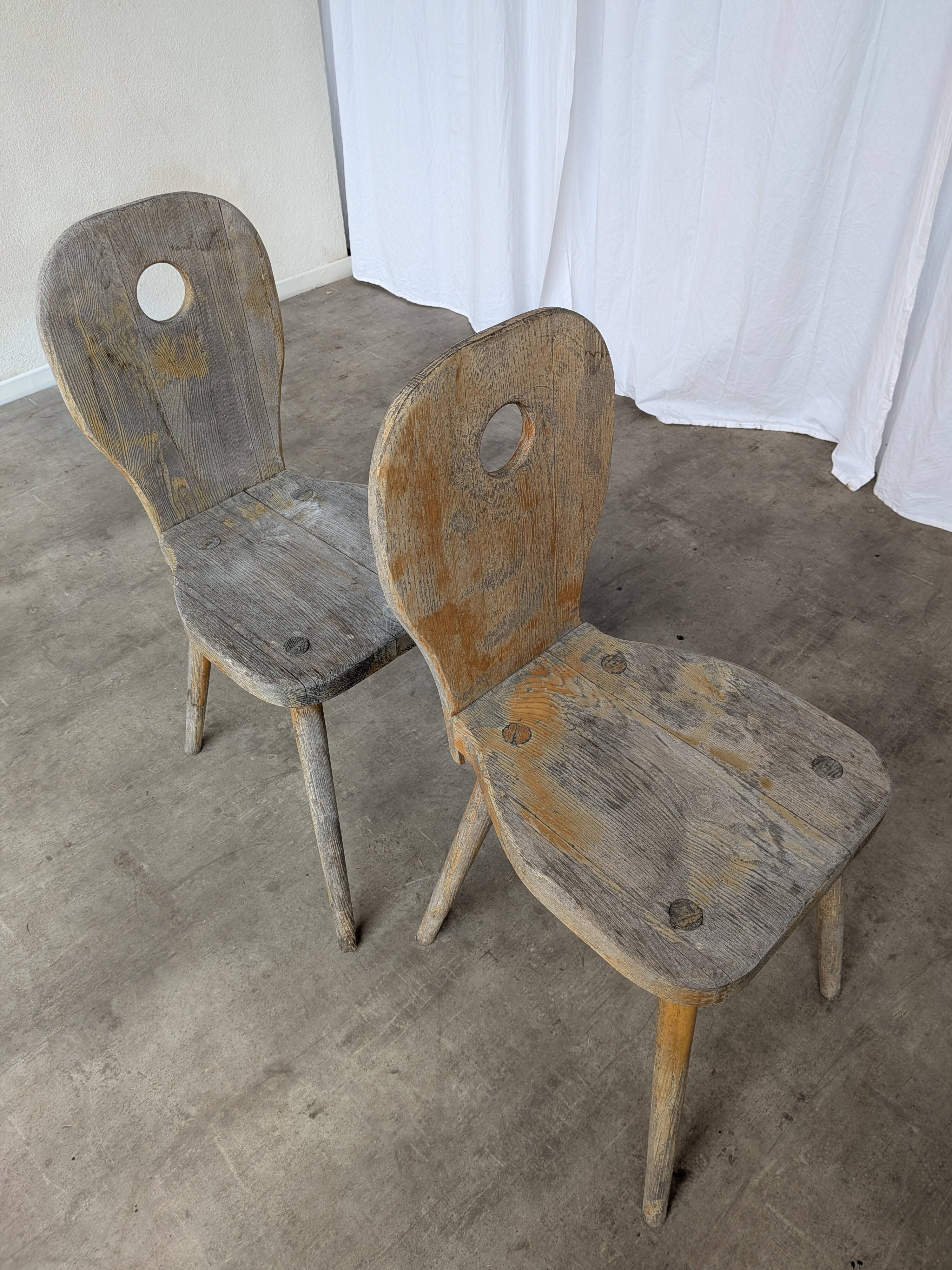 Set of 2 Rustic Primitive Wooden Chairs / Weathered Farmhouse Dining Chairs