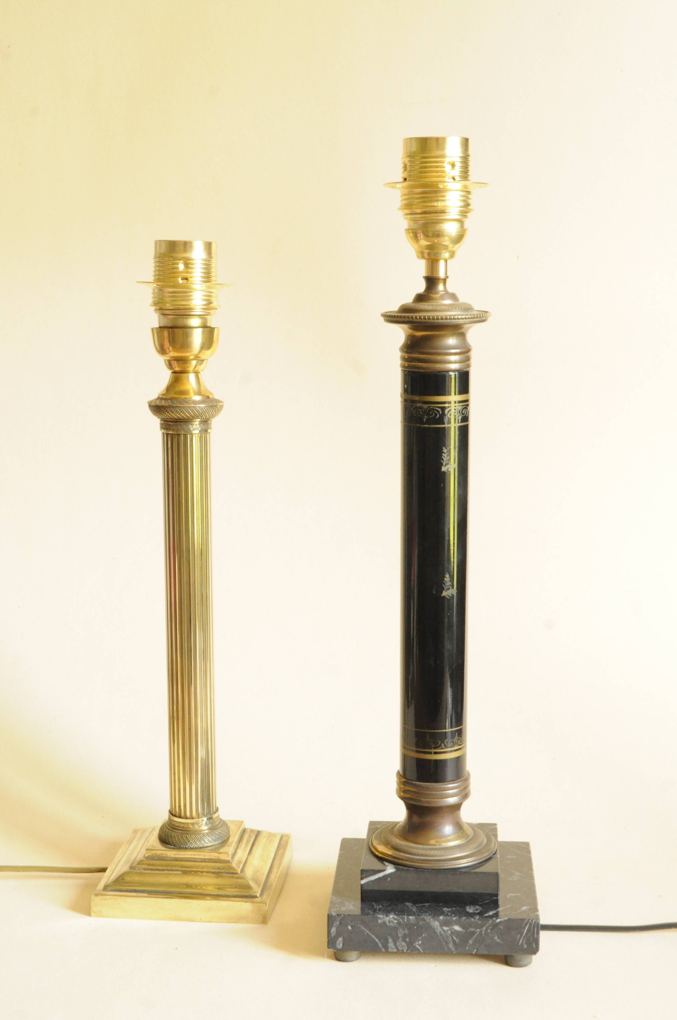 Vintage Lamp - Metal, Marble and Brass Column - Empire Style - Black and Gold