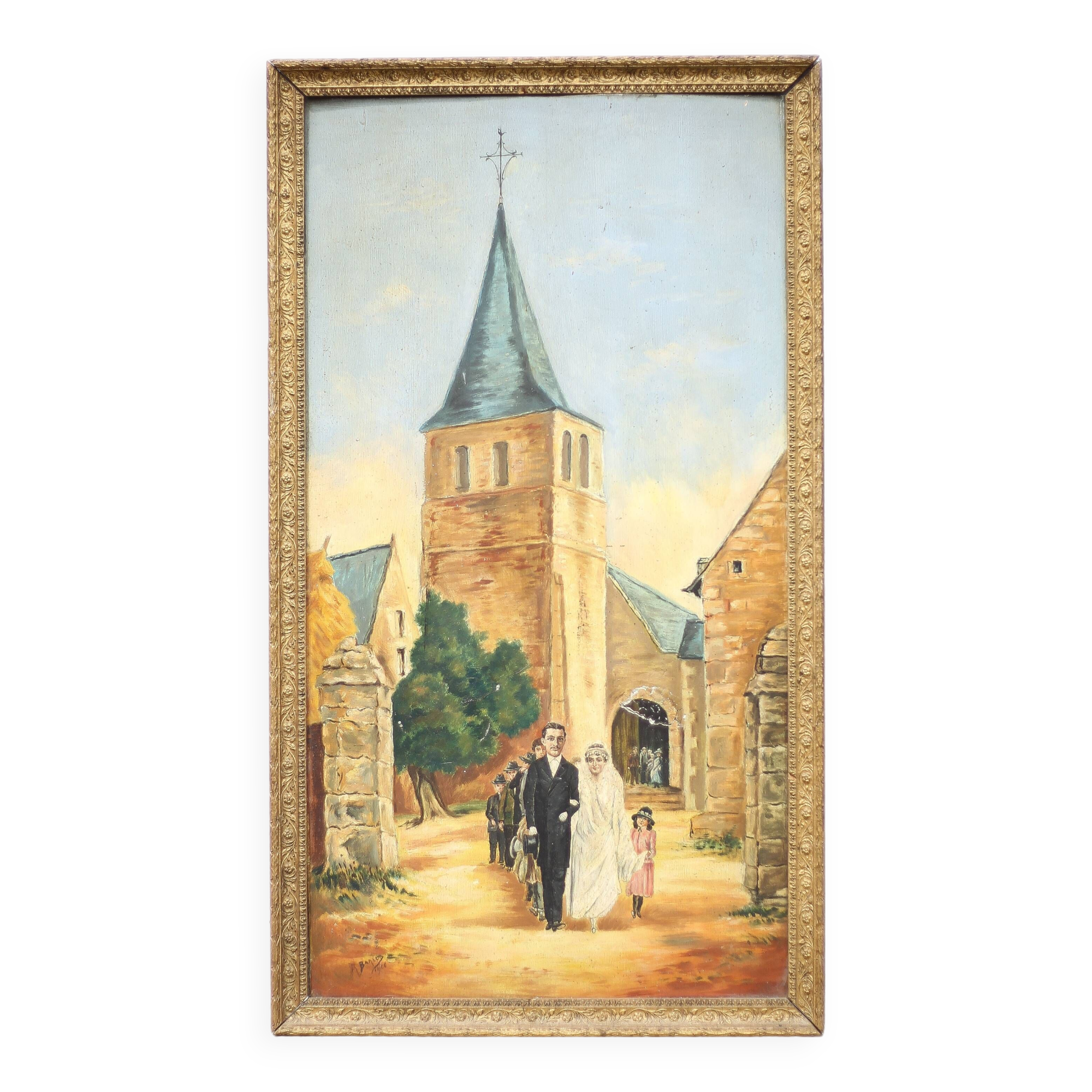 Signed painting, wedding painting in village, large framed painting