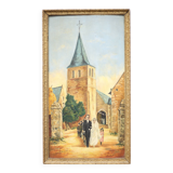 Signed painting, wedding painting in village, large framed painting