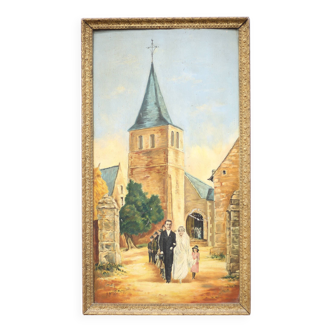 Signed painting, wedding painting in village, large framed painting