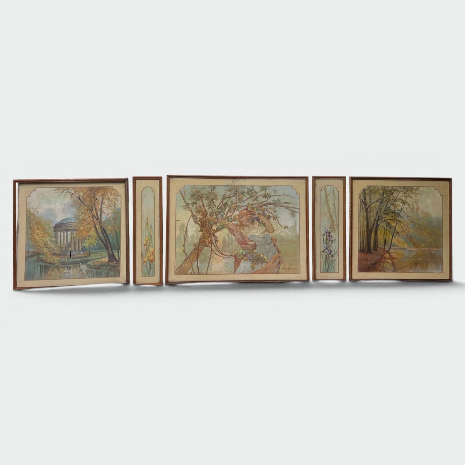 Set of Five Art Nouveau Decorative Panels. Allegory. French Work.