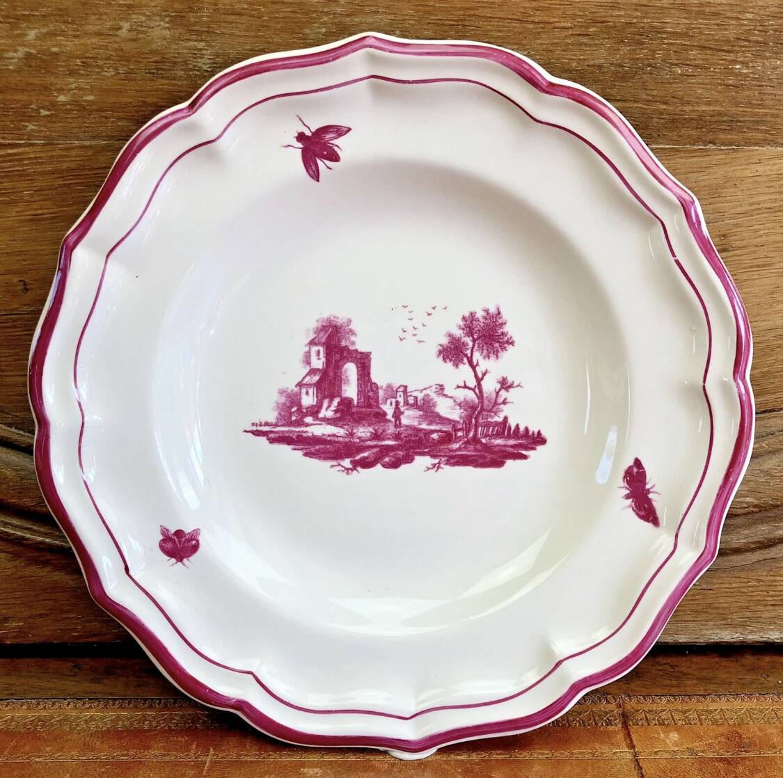 4 old Gien soup plates, pink landscape pattern, 1938/1960