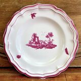 4 old Gien soup plates, pink landscape pattern, 1938/1960