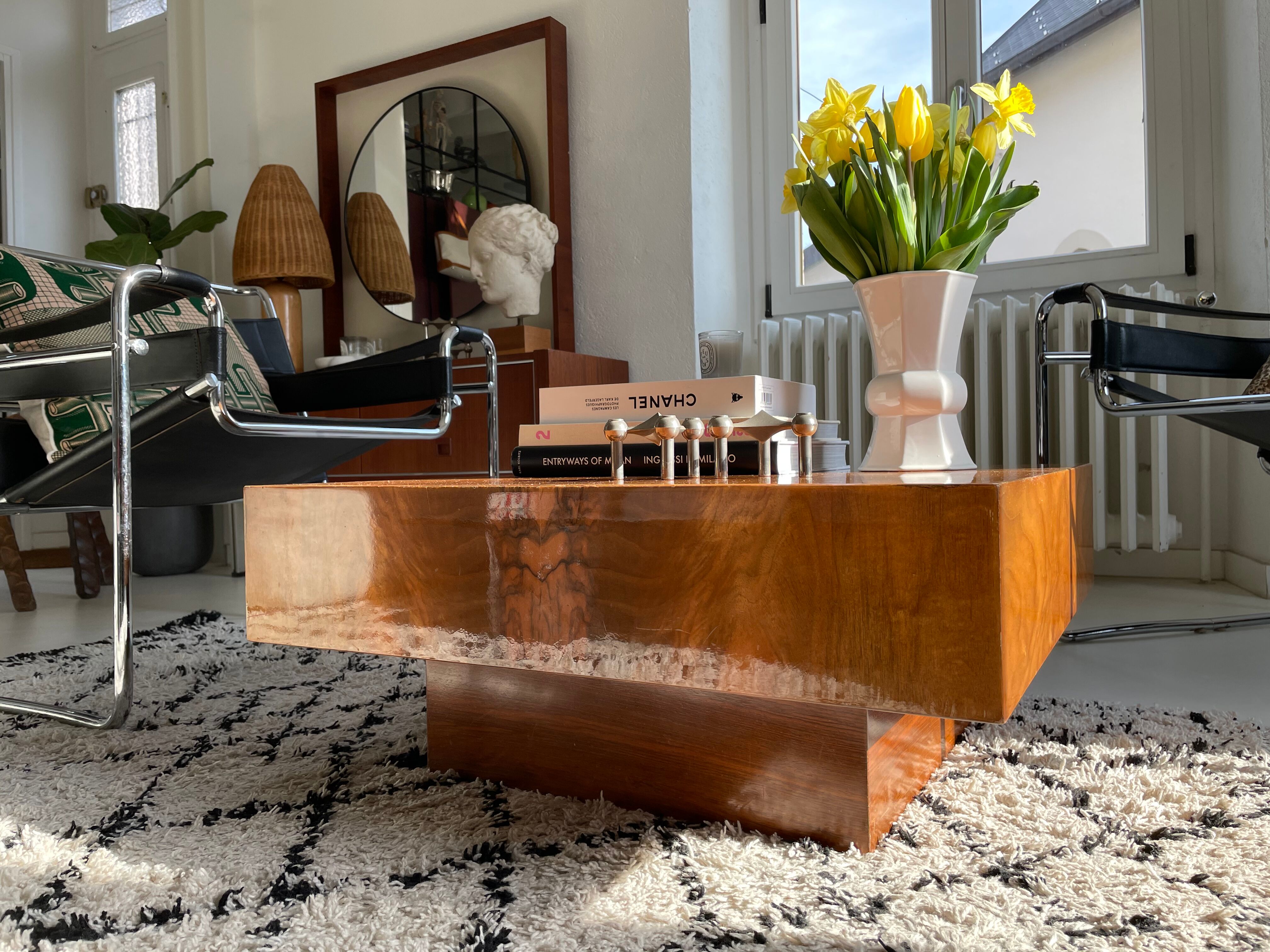 Square coffee table in elm magnifying glass 70s