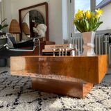 Square coffee table in elm magnifying glass 70s