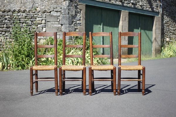 Lot de 4 chaises bois et paille, chaise bois, chaise paillée, campagne, chalet
