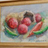 Huile sur panneau suédoise originale « Nature morte aux produits » par A. Kondrell