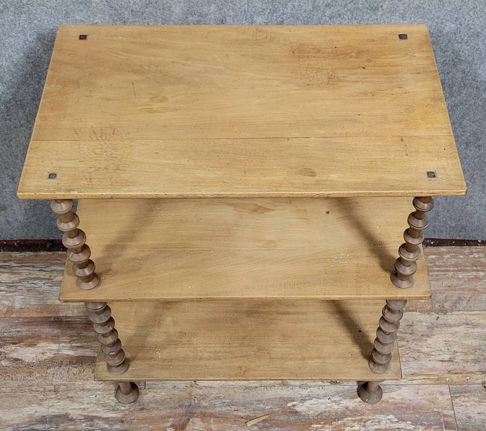 Natural wood display shelf with three tiers