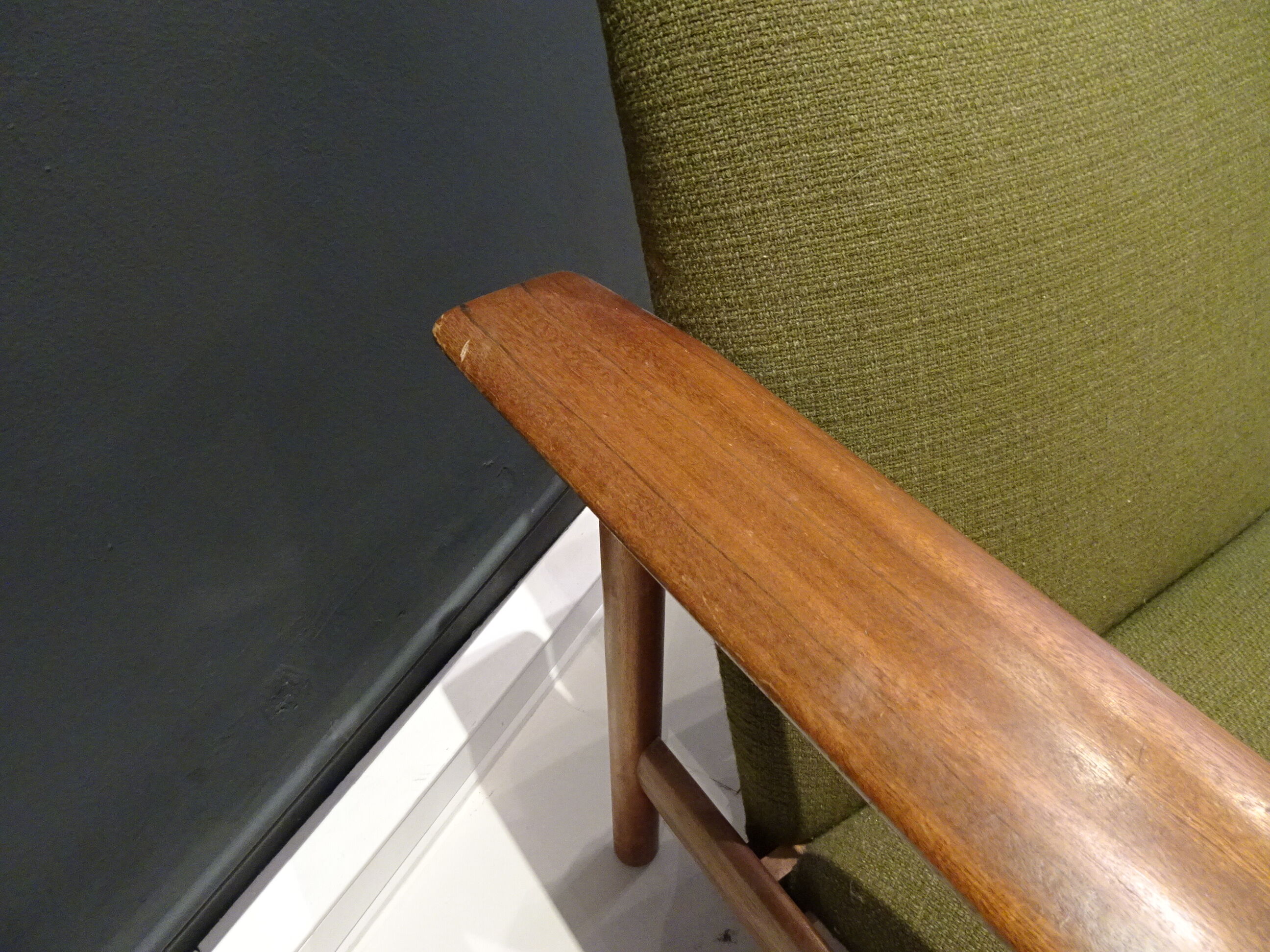 Pair of scandinavian armchairs in green fabric and teak