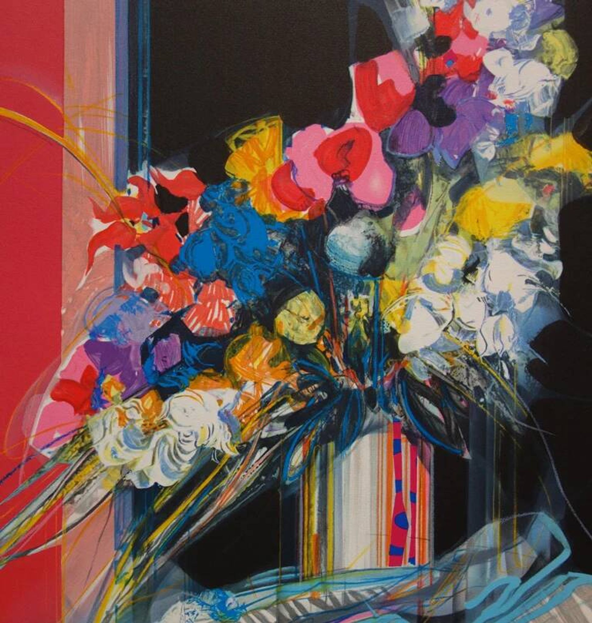 Jean-Baptiste Valadié: Blue, white and red bouquet, original signed lithograph