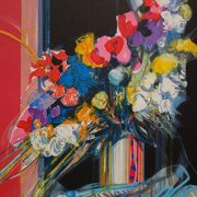 Jean-Baptiste Valadié: Blue, white and red bouquet, original signed lithograph
