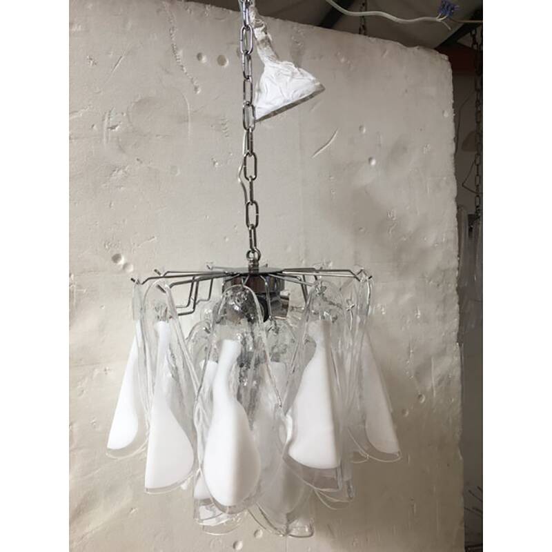 Italian White and Transparent Murano Glass Chrome Metal Frame Chandelier Sputnik
