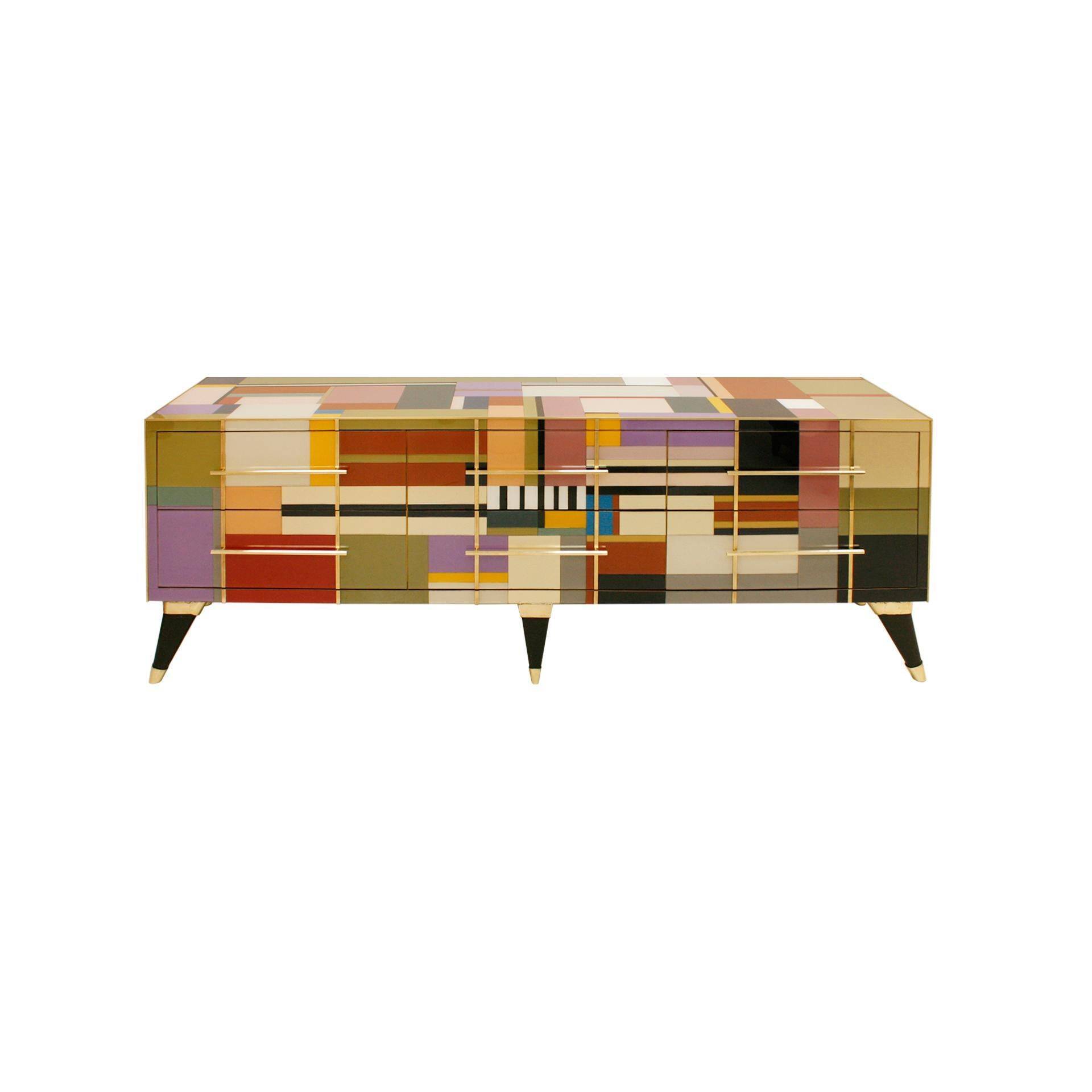 Mid Modern Style Italian Sideboard, Solid Wood & Colored Glass, Six Drawers