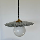 Industrial pendant light made of speckled enameled sheet metal and opaline