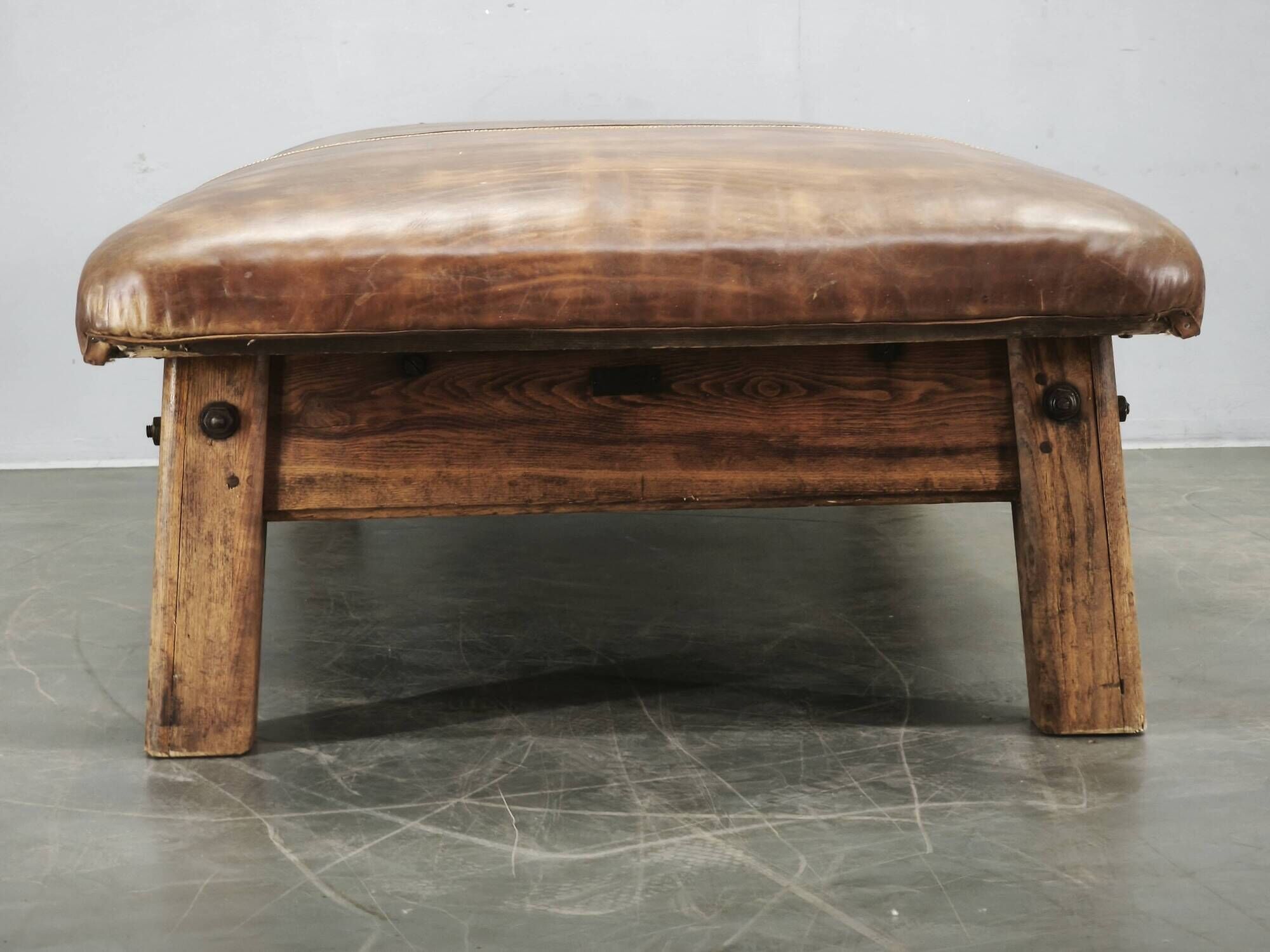 1940s Czechoslovak Oak and Patinated Leather Gym Bench