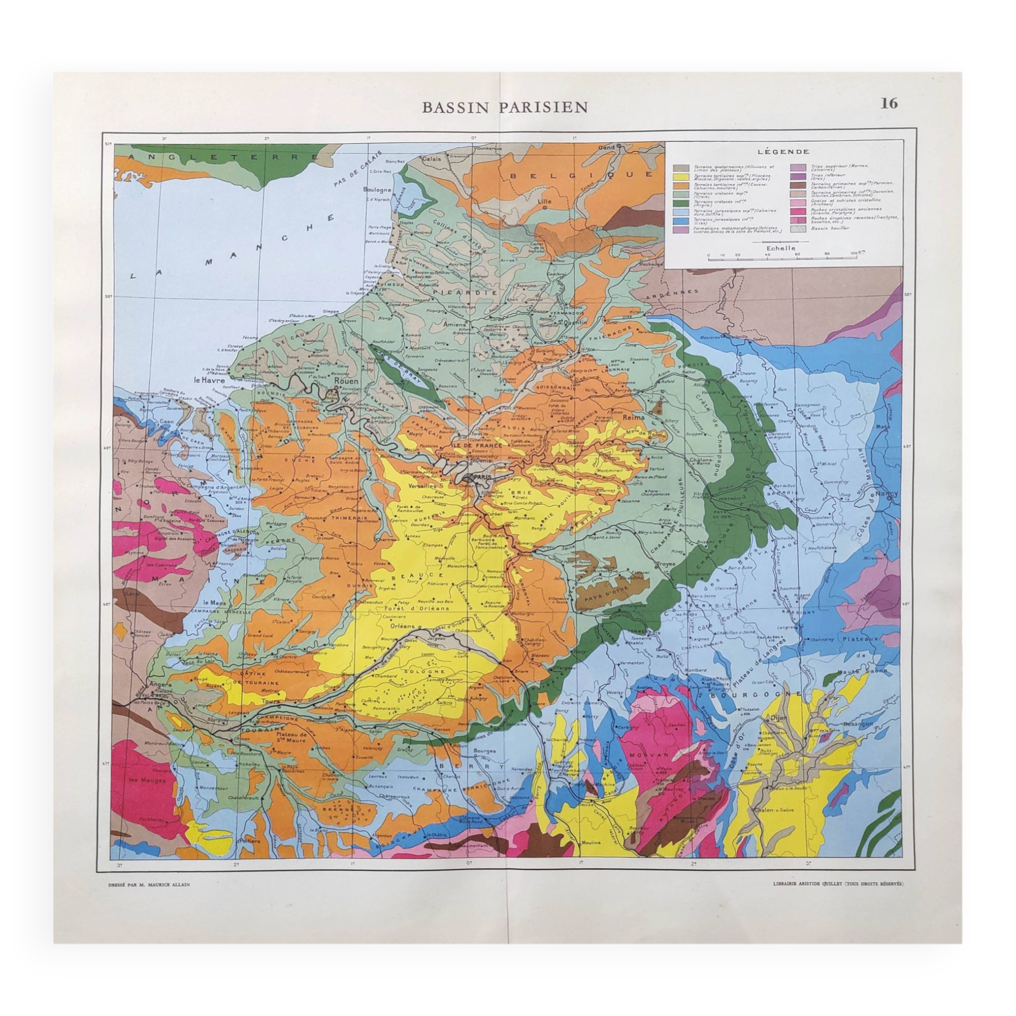 Old map of France Paris basin 43x43cm from 1950