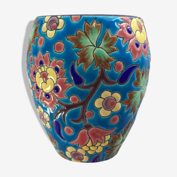 Old vase in enamels of Longwy