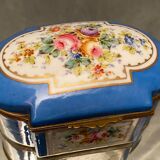 Domed porcelain box polychrome floral decoration on blue background brand Sèvres