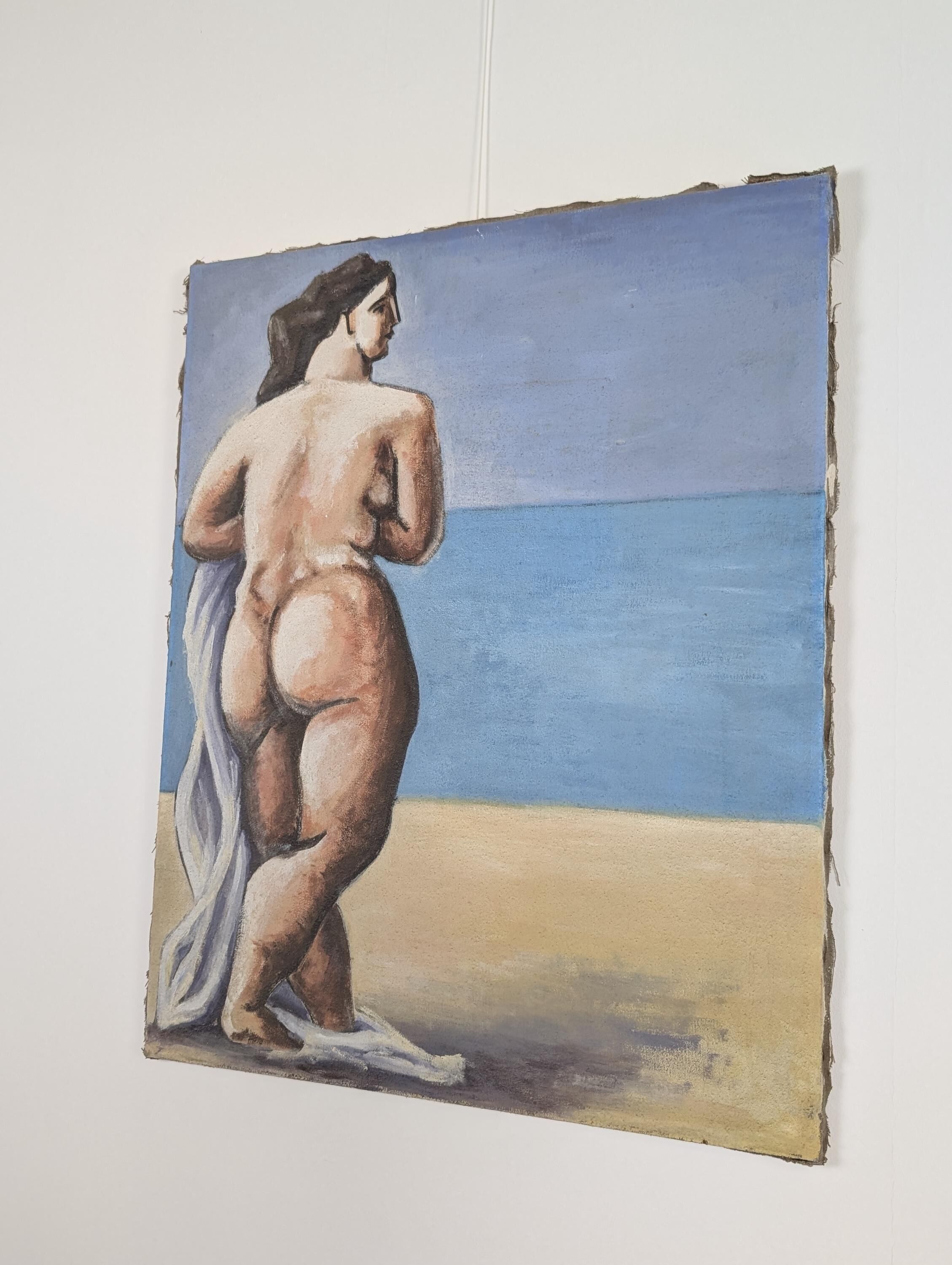 Large format modern art oil painting, female figure on the beach, 20th century