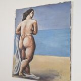 Large format modern art oil painting, female figure on the beach, 20th century