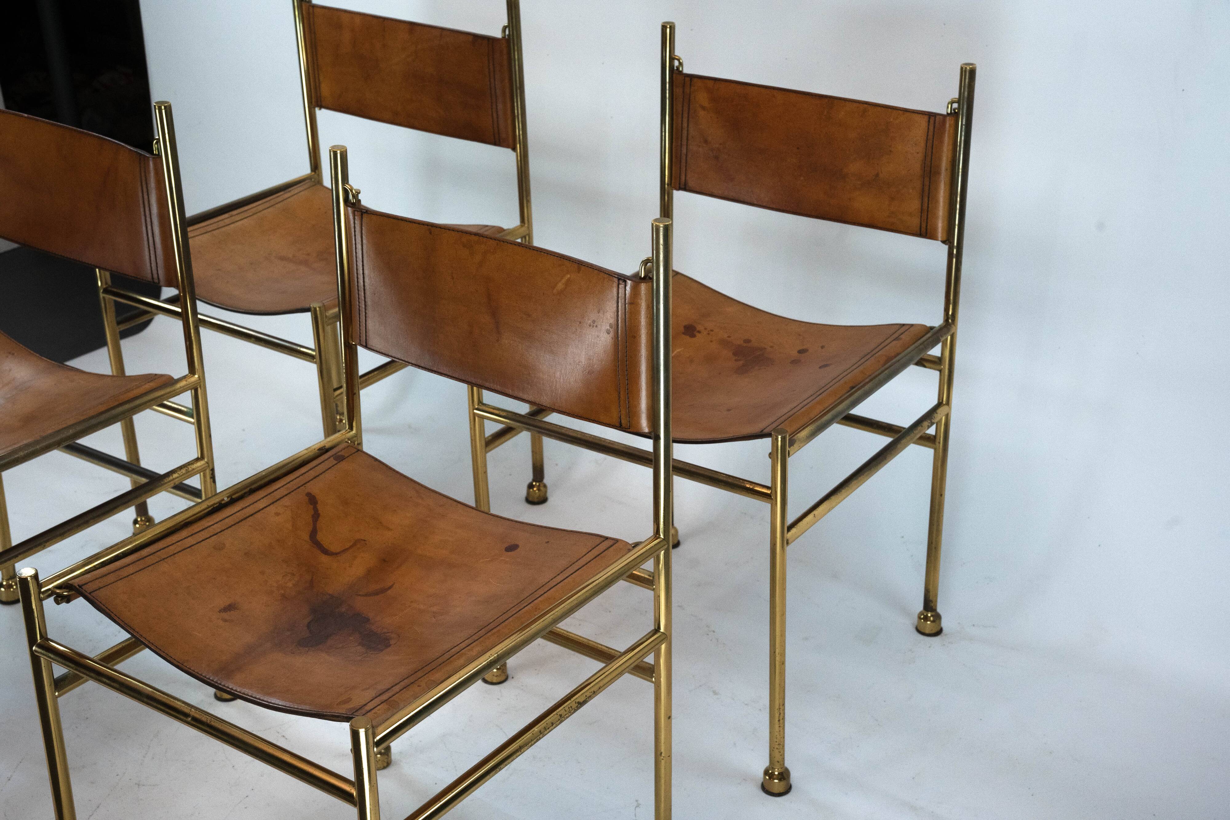 Set of 4 Brass and Leather Chairs by Luciano Frigerio, Italy, 1970s