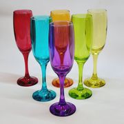 6 multicolored glass champagne flutes red orange yellow green blue purple