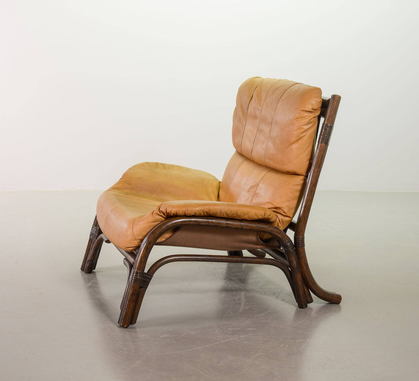 Brutalist Bentwood Bamboo Lounge Chair with Caramel Leather Upholstery, 60s