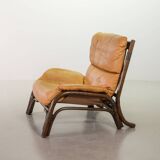 Brutalist Bentwood Bamboo Lounge Chair with Caramel Leather Upholstery, 60s