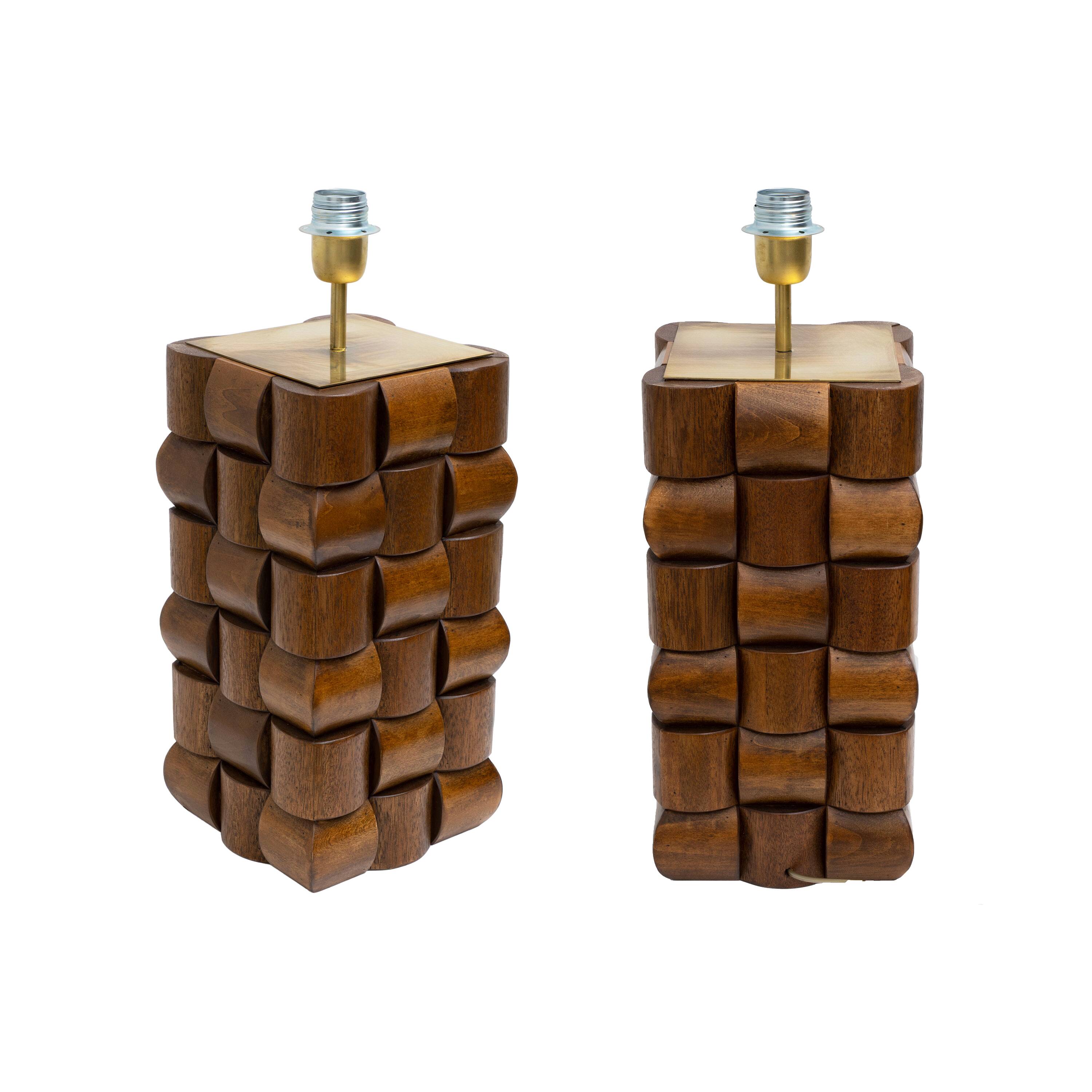 Pair of Sculptural Teak and Brass Table Lamps, Italy