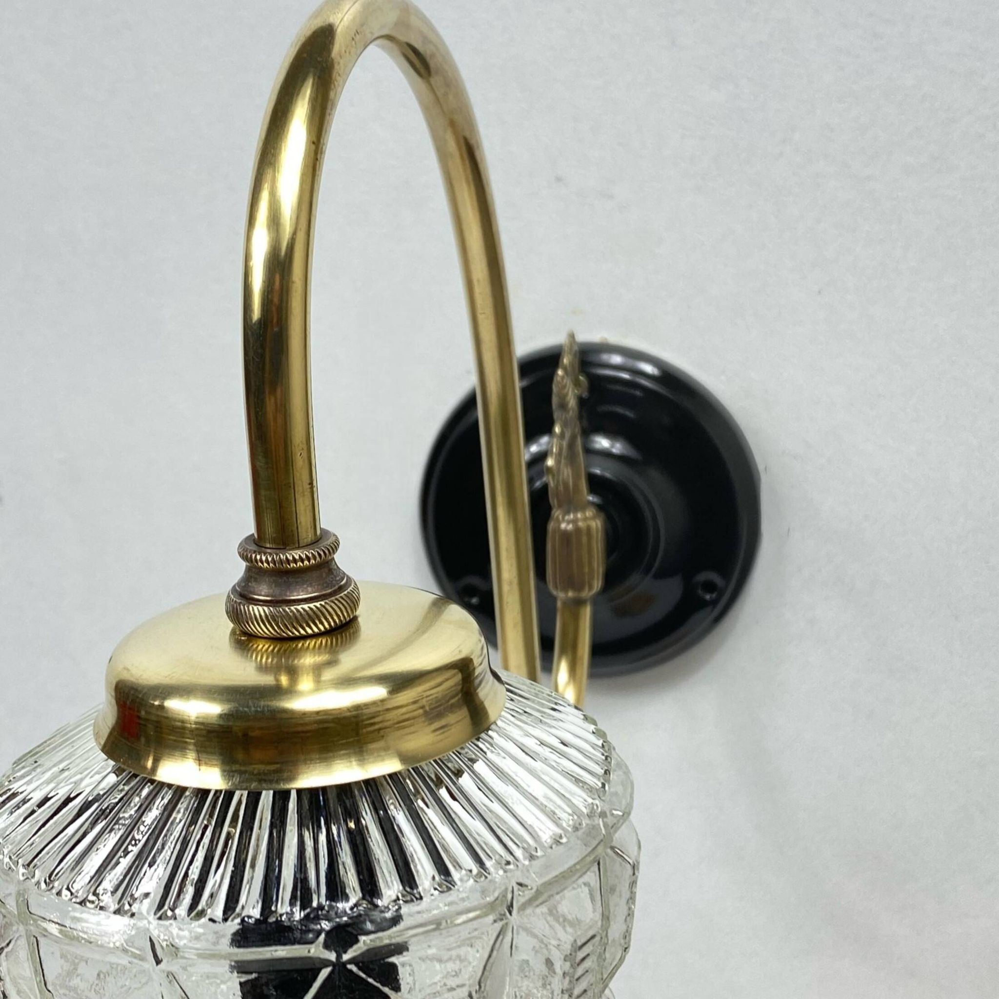 Large pair of old wall lights globe glass swan neck brass rosette porcelain LAMP-7169