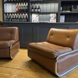 Pair of vintage low chairs, chrome and brown, France 1970