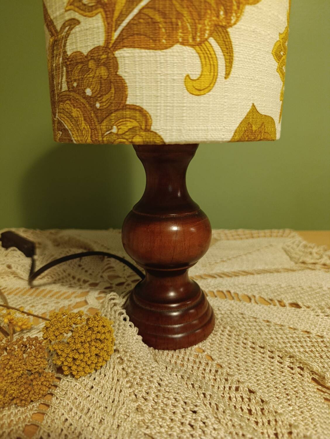 Turned wood lamp with authentic vintage lampshade and mustard flower decoration