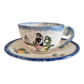 Tasse et soucoupe vintage en faïence HB Quimper – Décor Mont Saint-Michel