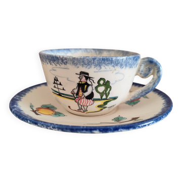 Vintage cup and saucer in HB Quimper earthenware – Mont Saint-Michel design