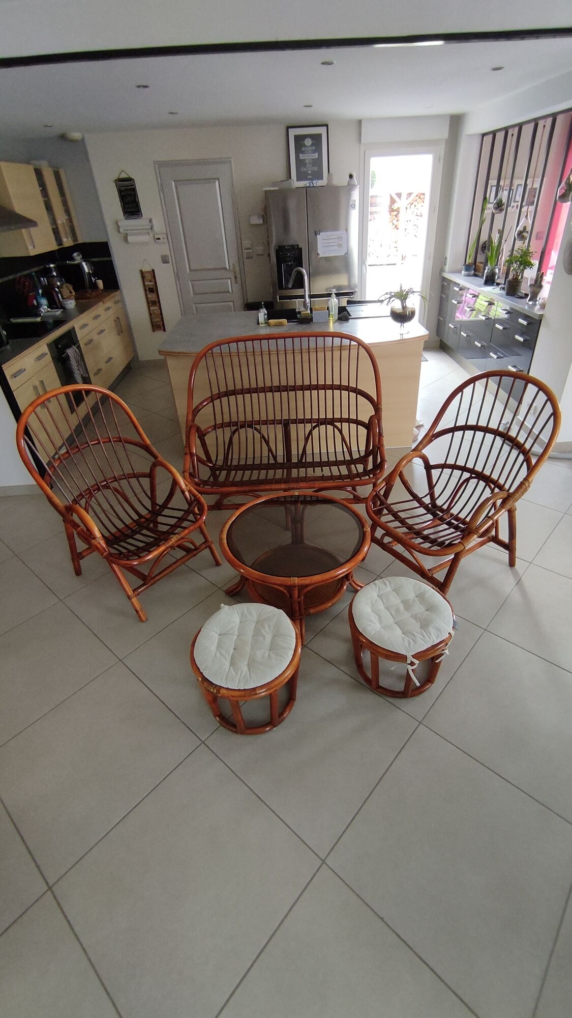 Sofa armchairs and coffee table in vintage rattan of six pieces