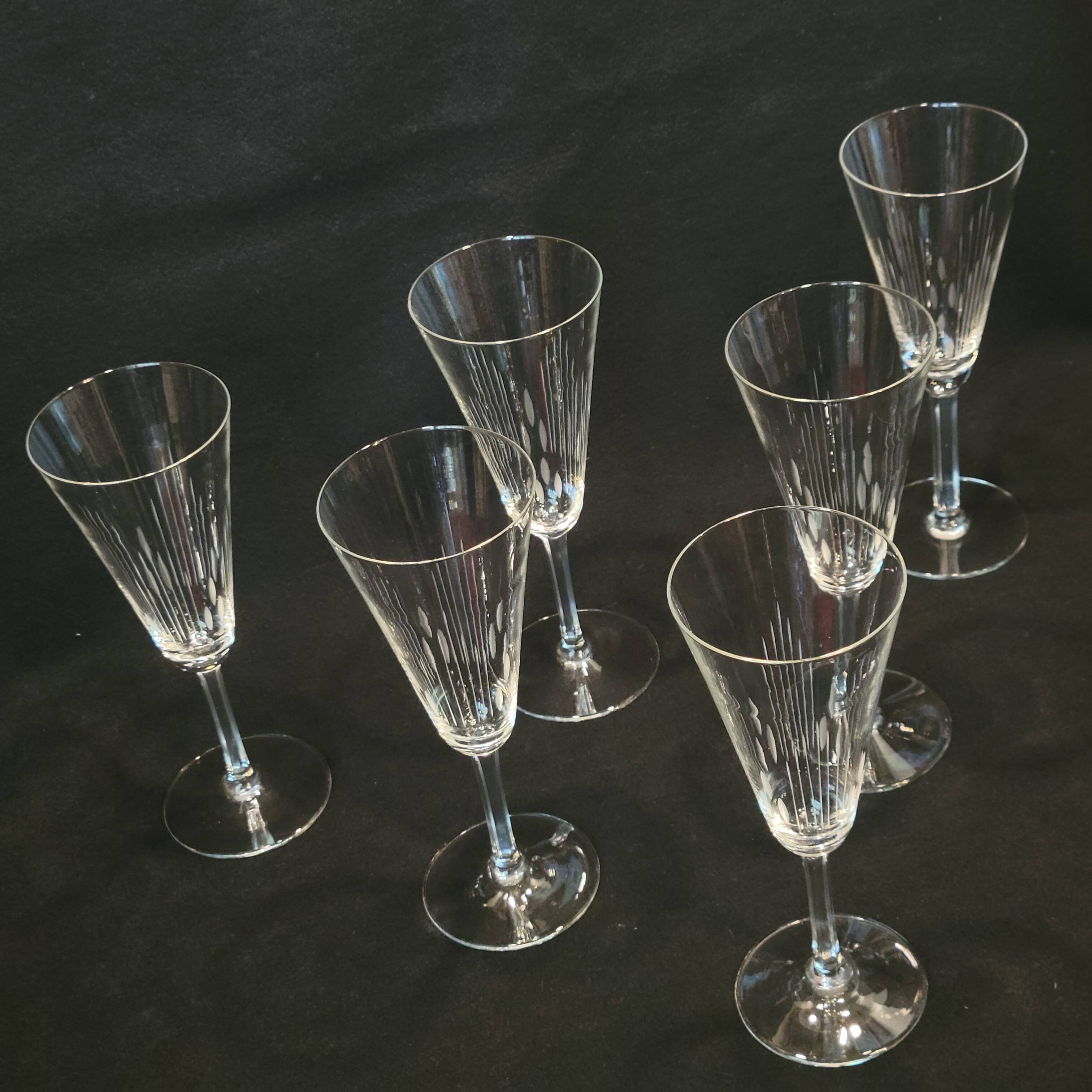 6 old cut crystal champagne flutes