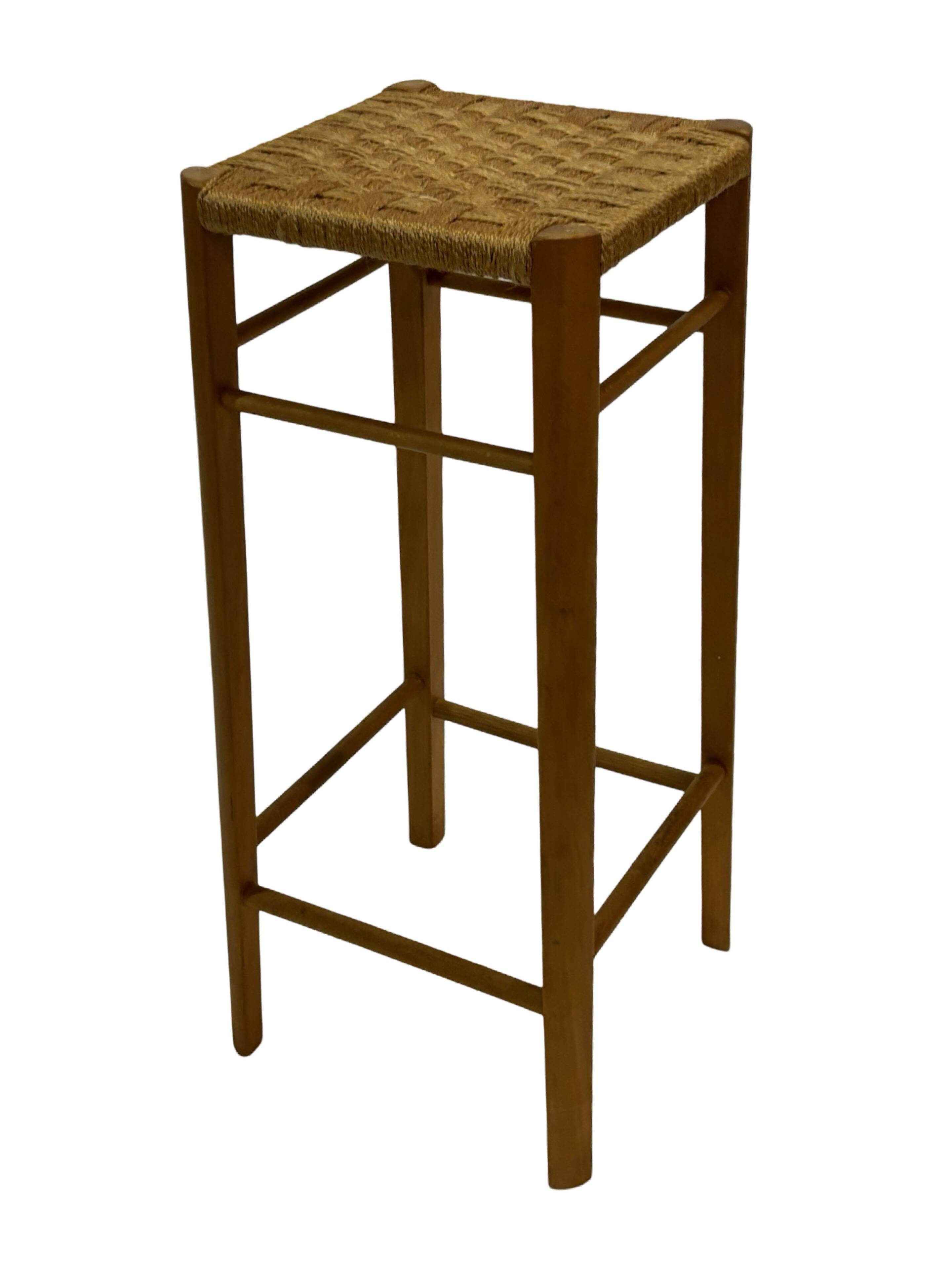 Vintage plant stand stool 1960s in oak with woven seat