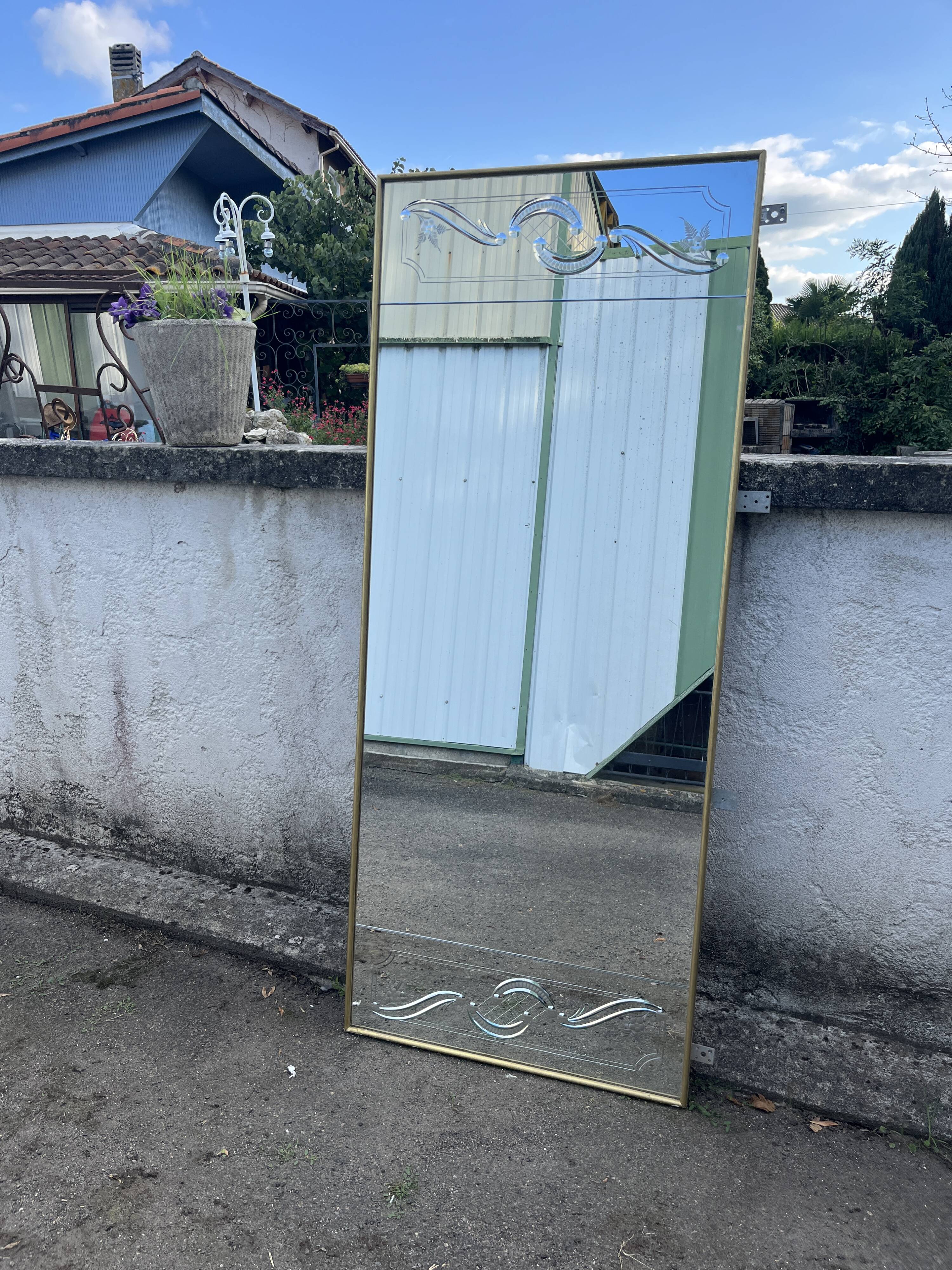 Large Venetian style mirror with engraved decoration and gilded frame 184 cm