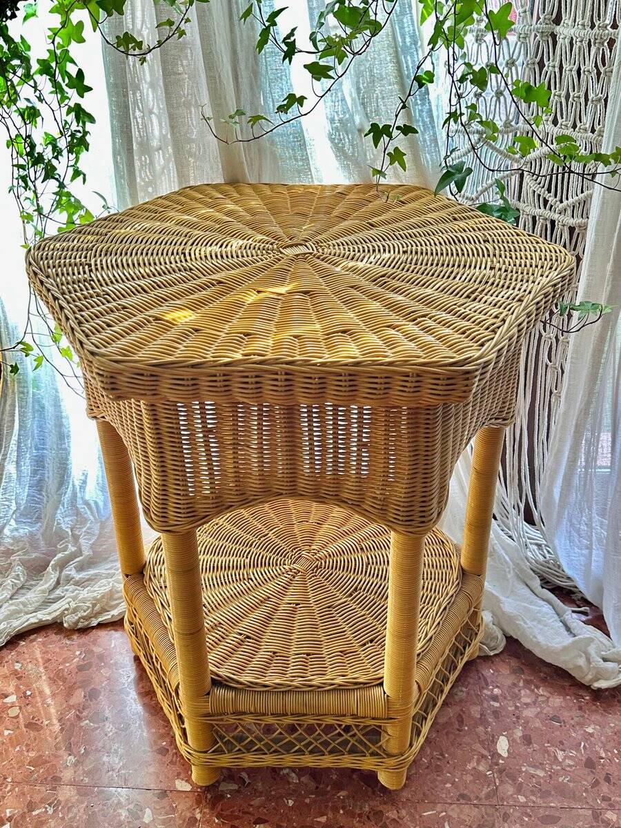Vintage hexagonal rattan side table with original label, 1980.