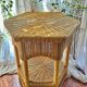 Vintage hexagonal rattan side table with original label, 1980.