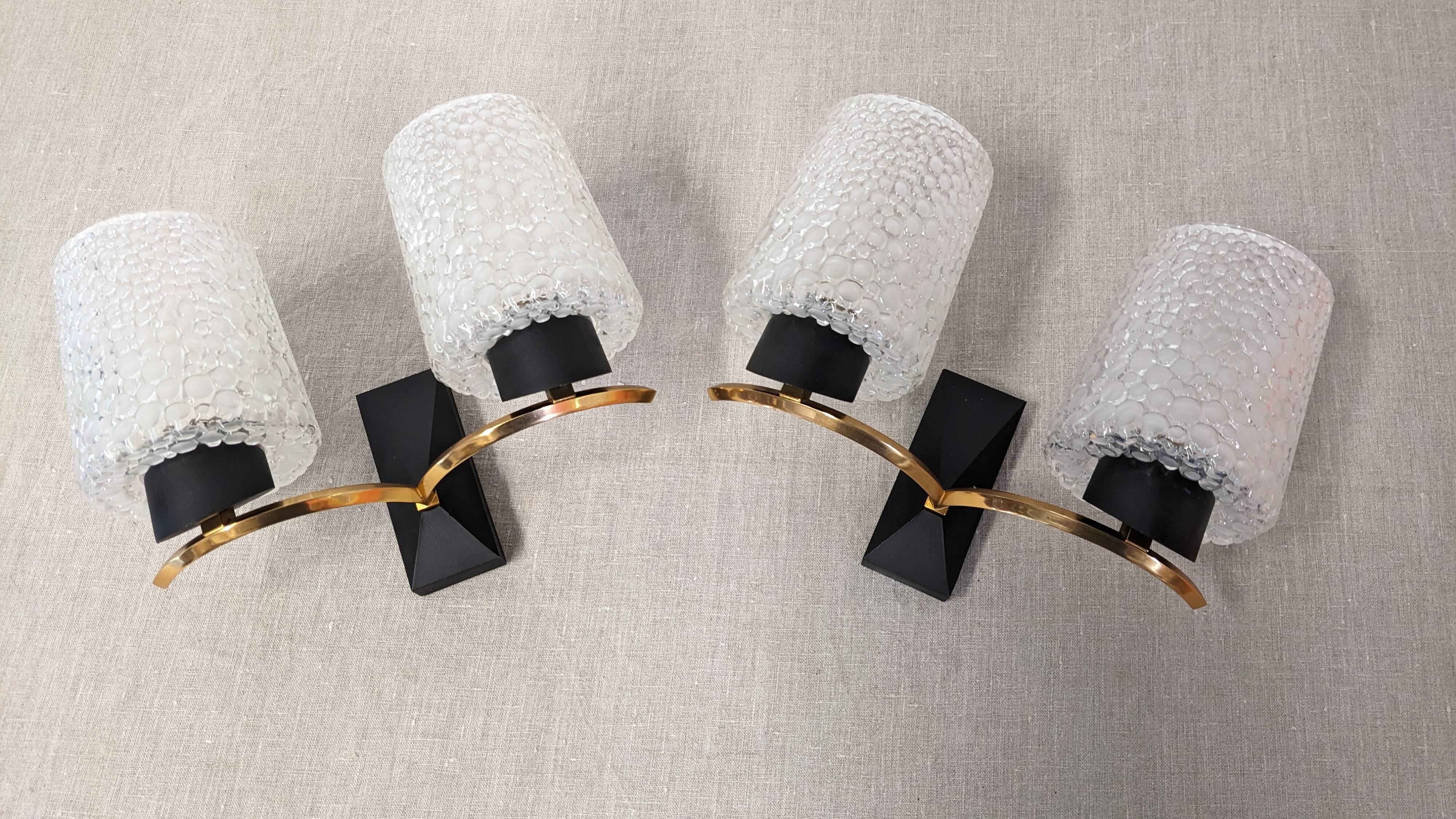 Pair of double wall lights in bubbled glass by Maison Arlus, France circa 1960.