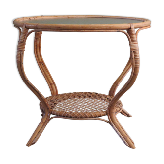 Round coffee table 60s, rattan and bubble glass